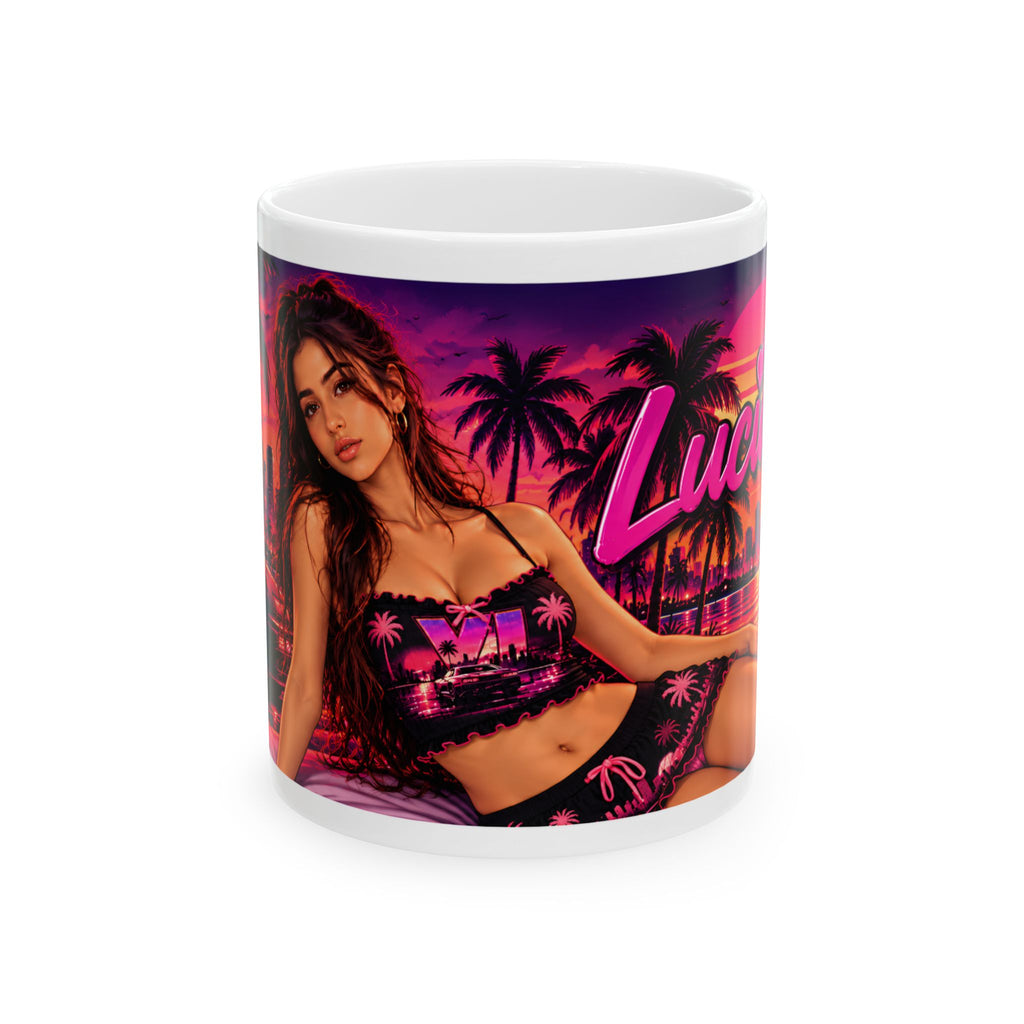 Miami Lucia Neon Pinup Ceramic Mug — 'Lust' Retro Palm Beach Sunset 11oz/15oz