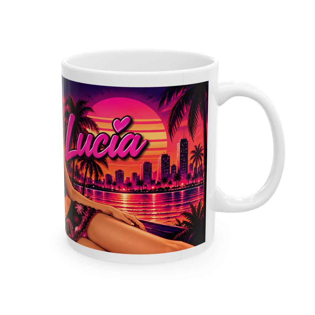 Miami Lucia Neon Pinup Ceramic Mug — 'Lust' Retro Palm Beach Sunset 11oz/15oz
