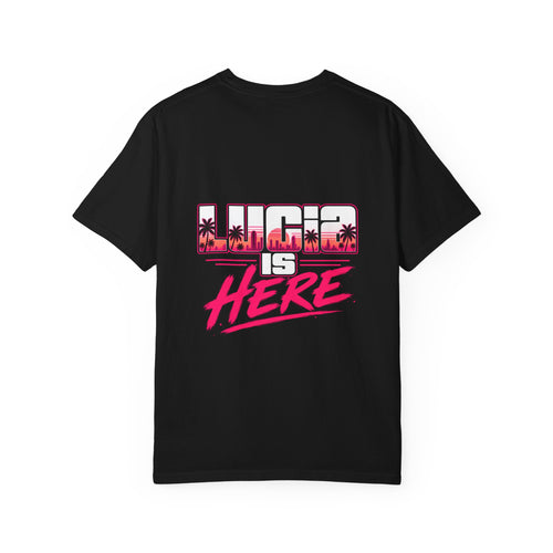 Vice City 2026 T-Shirt — "Lucia Is Here" Retro Miami Sunset Tee
