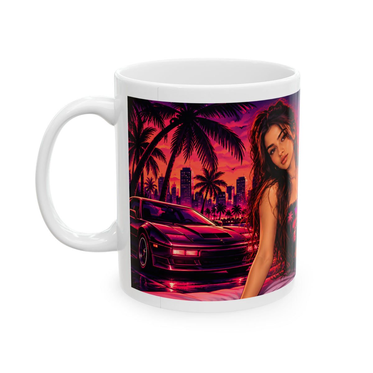 Miami Lucia Neon Pinup Ceramic Mug — 'Lust' Retro Palm Beach Sunset 11oz/15oz